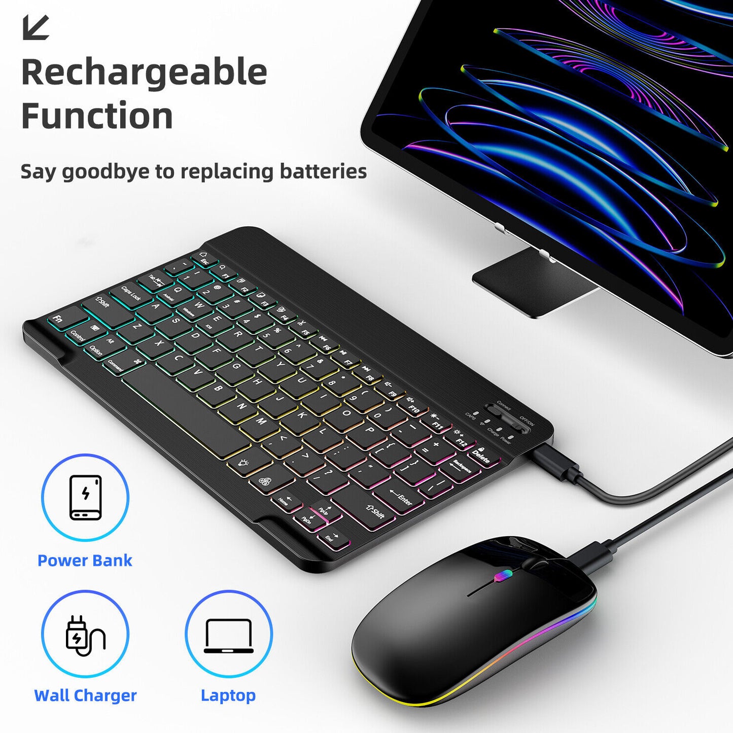 10-Inch Wireless RGB Backlit Gaming Keyboard and Mouse Set, Portable Keyboard and Mouse Combo for PC iOS Android Tablets and Computers