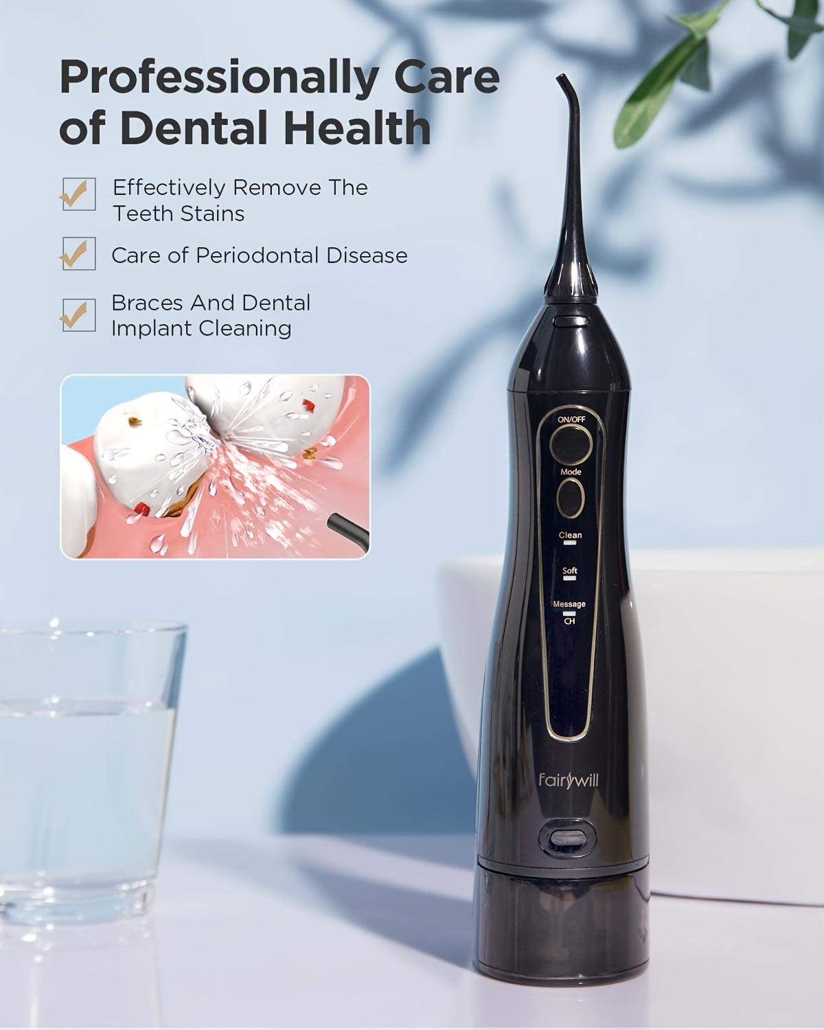 Combo for Braces Bridges Care, Black Fairywill Water Flosser and Electric Toothbrush