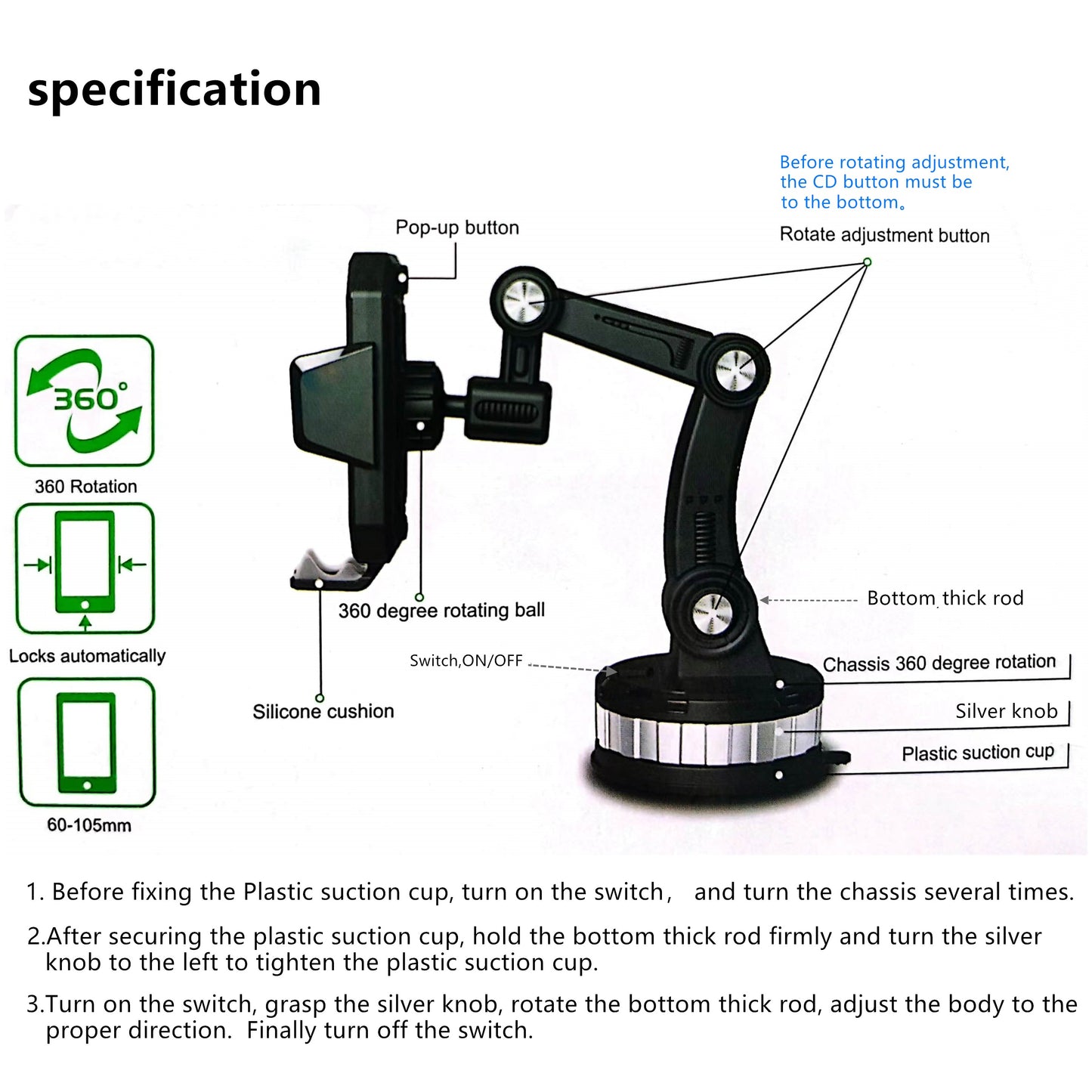 [Rotatable Car Phone Mount] 360° Rotatable Car Phone Mount - Telescopic, Shockproof with Strong Adhesive Gel Pad for Large Trucks & Vehicles