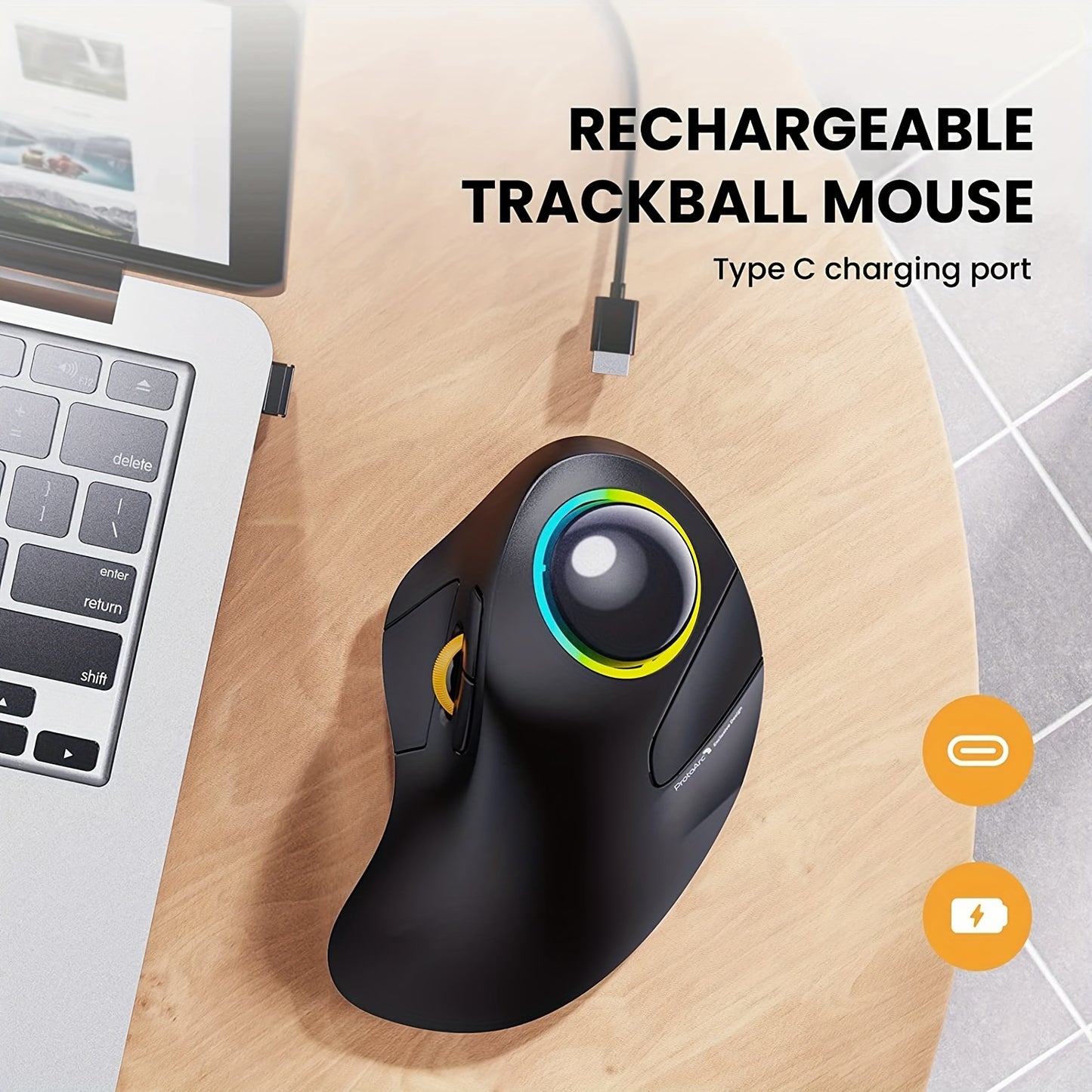 [Ergonomic RGB Trackball Mouse] ProtoArc EM03 - Ergonomic RGB Wireless Trackball Mouse - 3 Device Connection Rechargeable Computer Laptop Mouse for iPad Mac Windows