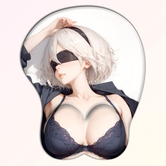High-Quality 2B Nier Anime 3D Mouse Pad - Comfortable Silicone with Ergonomic Wrist Support, Anti-Skid Base, High-Resolution Print of White-Haired Beauty in Blue Lingerie, Perfect for Collectors & Gifts, 10x8.5 Inches