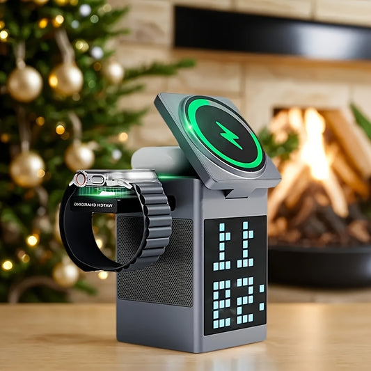 Digital Alarm Clock With Wireless Charging 15W, Wireless Speaker, Fast Wireless Charger, Dimmable Clock Brightness, Dual Alarm, Dimmable Display, Perfect For Bedroom, Home, Office