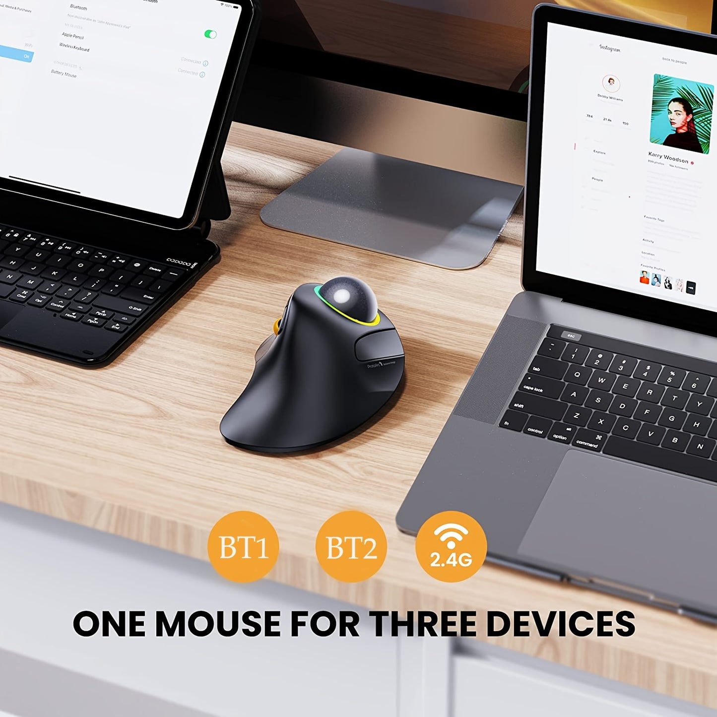 [Ergonomic RGB Trackball Mouse] ProtoArc EM03 - Ergonomic RGB Wireless Trackball Mouse - 3 Device Connection Rechargeable Computer Laptop Mouse for iPad Mac Windows