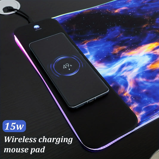 Wireless Charging RGB Gaming Mouse Pad 15W, LED Mouse Mat, 15 Light Modes Extra Large Mousepad Non-Slip Rubber Base Computer Keyboard Mat for Gaming, Macbook, PC, Laptop, Desk (Bule Sky)