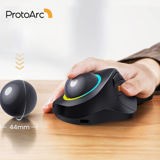 [Ergonomic RGB Trackball Mouse] ProtoArc EM03 - Ergonomic RGB Wireless Trackball Mouse - 3 Device Connection Rechargeable Computer Laptop Mouse for iPad Mac Windows